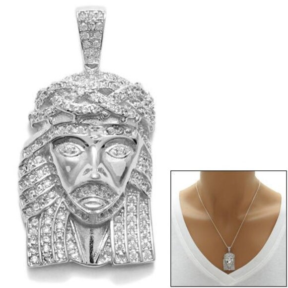 EXQUISITE STERLING SILVER 0.97 CARAT MULTI-CZ JESUS CHRIST HEAD PENDANT